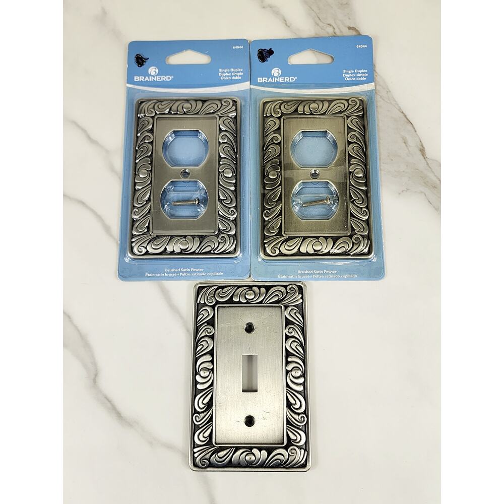 Brainerd Single Duplex Outlet + Single Switch Cover Plate Satin Pewter x3